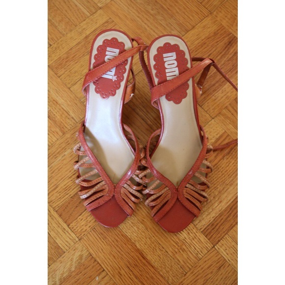 Nomi Orange & Tan Peep-Toe Wedges Size 7 - Picture 2 of 4